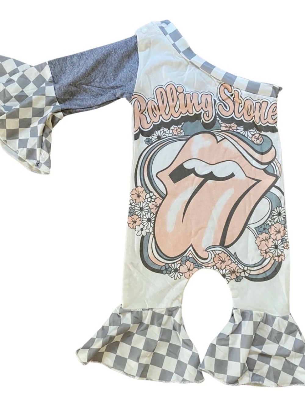 Rolling Stones Graphic One-Shoulder Romper in Pastel Pink & Gray